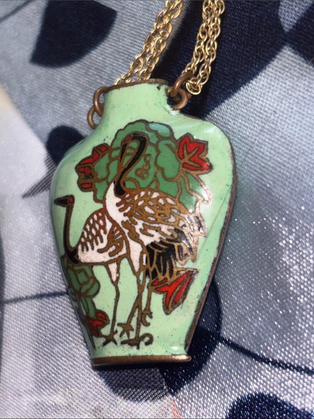Vintage Green Cloisonné vase Crane Pendant Necklace